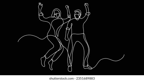 continuous line drawing of happy couple of man and woman wearing face masks