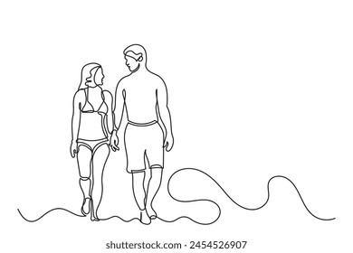 Línea continua de dibujo de una pareja feliz caminando en la playa y el mar. Ilustración vectorial de concepto de vacaciones de verano sobre un fondo blanco
