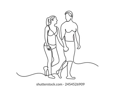 Línea continua de dibujo de una pareja feliz caminando en la playa y el mar. Ilustración vectorial de concepto de vacaciones de verano sobre un fondo blanco
