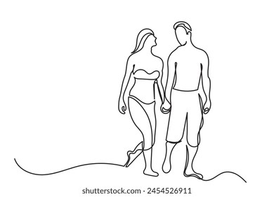 Línea continua de dibujo de una pareja feliz caminando en la playa y el mar. Ilustración vectorial de concepto de vacaciones de verano sobre un fondo blanco
