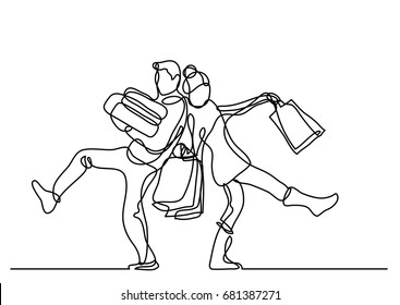 continuous line drawing of happy couple with holiday gifts