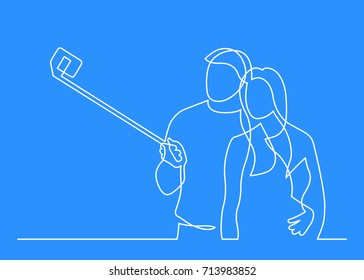 Continuous line drawing of happy couple making selfie photo with selfie stick. Vector illustration