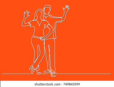 continuous line drawing of happy couple waving hello