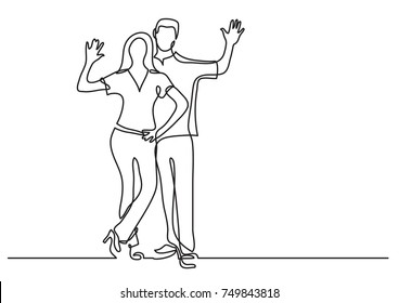 Continuous Line Drawing Of Happy Couple Waving Hello