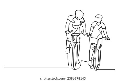 Continuous line drawing of Happy couples riding bicycles and cycling with a Healthy lifestyle.Romantic cycling couple single-line art of a classic bicycle isolated on a white background.
