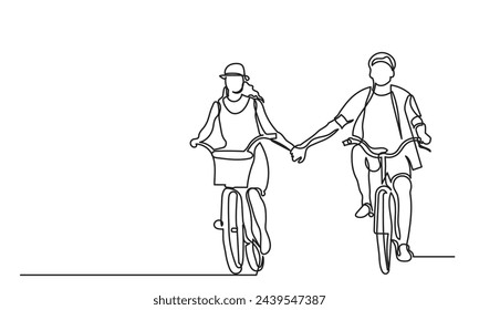 Continuous line drawing of Happy couples riding bicycles and cycling with a Healthy lifestyle hand holding each other.Romantic cycling couple single-line art of a classic bicycle .