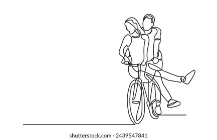 Continuous line drawing of Happy couples riding bicycles and cycling with a Healthy lifestyle.Romantic cycling couple single-line art of a classic bicycle isolated on a white background.