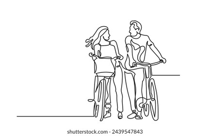 Continuous line drawing of Happy couples riding bicycles and cycling with a Healthy lifestyle.Romantic cycling couple single-line art of a classic bicycle isolated on a white background.