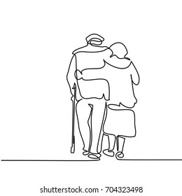 Continuous line drawing  Happy elderly couple hugging   walking  Vector illustration