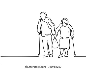 Continuous line drawing  Happy elderly couple walking and bag  Vector illustration