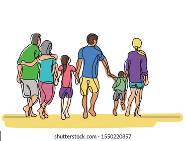 continuous line drawing of happy extended family walking