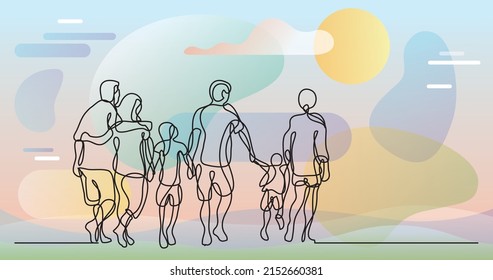 continuous line drawing of happy extended family walking