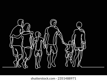 continuous line drawing of happy extended family walking