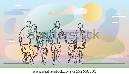 continuous line drawing of happy extended family walking