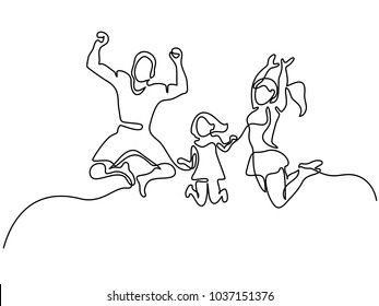 Continuous line drawing. Happy family jumping. Vector illustration