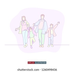 Continuous line drawing of happy family walking. Template for your design works. Vector illustration.