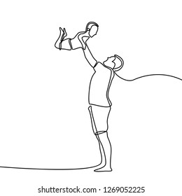 Continuous line drawing of a happy family father, the father was playing with child. vector