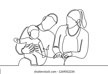 Continuous Line Drawing Of Happy Family Father, Mother And One Child Playing. Vector