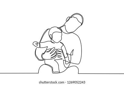 Continuous line drawing of a happy family father, the father was playing with child. vector