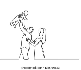 Continuous line drawing of happy family father, mother and one child playing. vector illustration isolated on white background