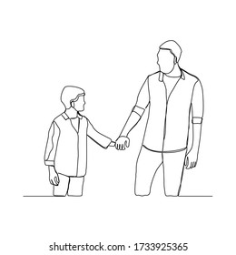 Continuous line drawing of happy family dad, and child walking togother. Vector illustration
