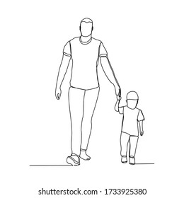 Continuous line drawing of happy family dad, and child walking togother. Vector illustration