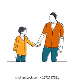 Continuous line drawing of happy family dad, and child walking together. Vector illustration	