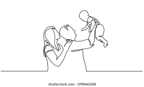 Continuous line drawing of happy family father, mother and one child playing. vector illustration. Continuous one line drawing of happy family father, mother and their child playing together