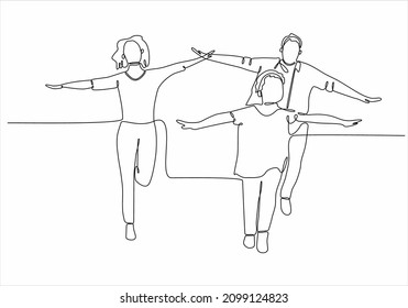 
continuous line drawing of happy family walking