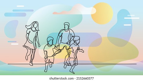 continuous line drawing of happy family having fun together