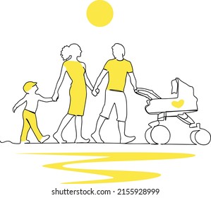 Dibujo continuo de papá, mamá y niño de la familia feliz. Papá está conduciendo un coche. Concepto de arte de una sola línea de la familia pequeña. Ilustración vectorial. Color amarillo.