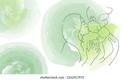 Continuous line drawing of happy family. Father, mother and his daughter on green background. Happy young parents hugging his little daughter. Outline vector illustration