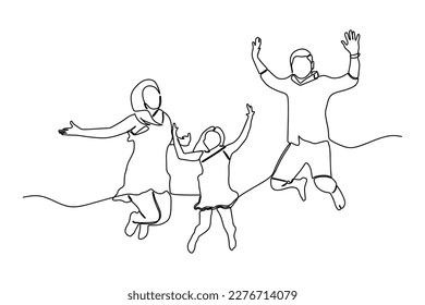 continuous line drawing of happy family having fun time