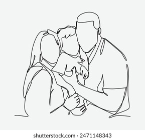 Continuous line drawing of happy family. Father, mother, and son. Editable strokes. Vector illustration.