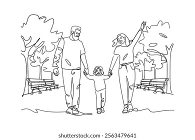 Continuous Line Drawing of Happy Family in a Park - Minimalist Vector Illustration for Family Concepts