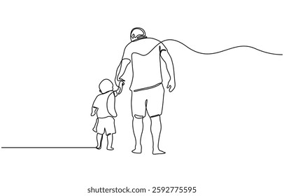 Continuous line drawing of happy family dad, and child walking together, Abstract single drawn, one line dad and child, parent love kid, line art illustration for fathers day decoration.