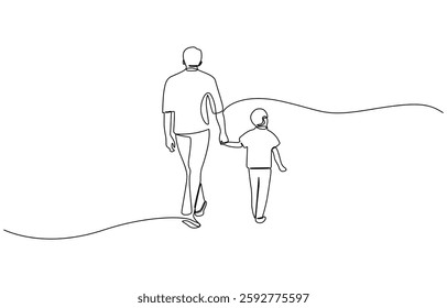 Continuous line drawing of happy family dad, and child walking together, Abstract single drawn, one line dad and child, parent love kid, line art illustration for fathers day decoration.