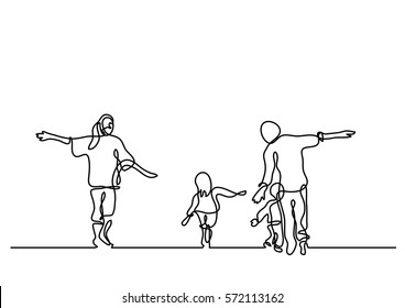 continuous line drawing of happy family having fun