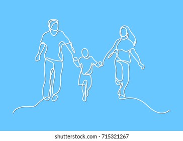 Continuous line drawing of happy family  running. Vector illustration on blur background