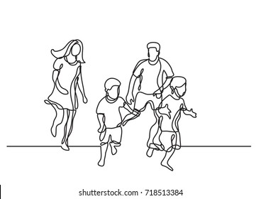 continuous line drawing of happy family having fun together