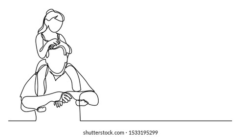 continuous line drawing of happy father carrying his daughter girl on his shoulders