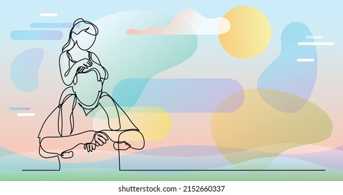continuous line drawing of happy father carrying his daughter girl on his shoulders