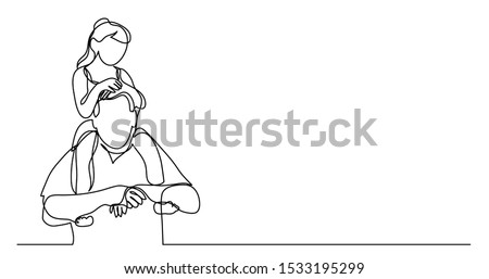 continuous line drawing of happy father carrying his daughter girl on his shoulders