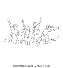 Continuous Line Drawing of Happy Friends Jumping Together. Vector Illustration Print