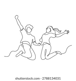 Continuous Line Drawing of Happy Friends Jumping Together. Vector Illustration Print