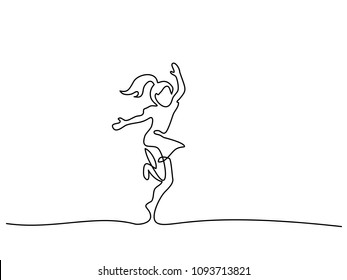 Continuous line drawing. Happy girl dancing and jumping. Vector illustration. Concept for logo, card, banner, poster, flyer