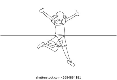 Continuous line drawing of happy,  girl jump minimalist design.