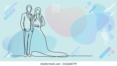 Continuous Line Drawing Of Happy Groom Bride Standing At Wedding