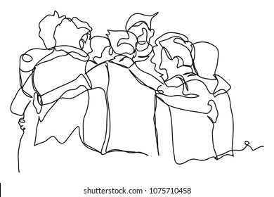 continuous line drawing of a happy group hug.