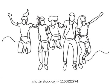 kontinuierliche Zeichnung der glücklichen Gruppe von Studenten springen